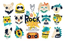 Baby Rock Star. Vector Collection With Rock Animal Characters For Kids. Hand Drawn Cartoon Musicians In Funny Doodle Style. Ideal For Prints On Baby Clothes, Posters, Rock Punk Themed Parties.