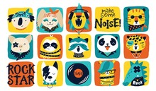 Rock Star. Poster With Vector Collection Of Rock Animals And Graffiti Lettering For Kids. Hand Drawn Cartoon Musicians In Funny Doodle Style. For Prints On Baby Clothes, Posters, Rock Punk Parties.