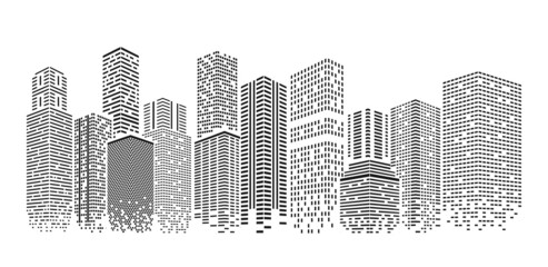 Dots city. Isolated cityscape with dot skyline. Office building, polygonal architecture abstract houses. Technology art, exact vector business futuristic urban landscape