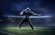 Collage with male american football player in sports equipment at stadium in motion. Action, activity, sportlife concept. Flyer, poster for ad, design.