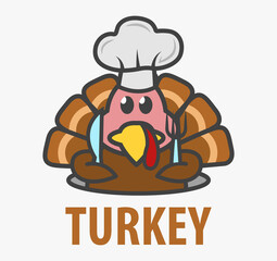 Wall Mural - Vector Logo of сute funny cartoon turkey. Poultry farm logo. Thanksgiving day icon. Can be use for advertising farm, market, gastronome.