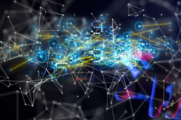 Neural network 3D illustration. Big data and cybersecurity