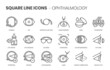 Ophthalmology related, pixel perfect, editable stroke, up scalable square line vector icon set.