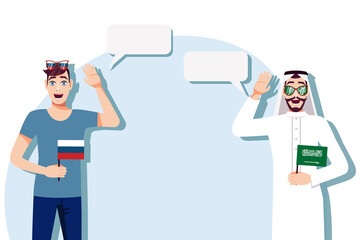 Wall Mural - The concept of international communication, sports, education, business between Russia and Saudi Arabia. Men with Russian and Saudi flags. Vector illustration.