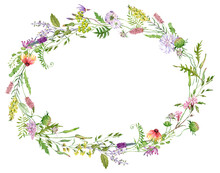 Watercolor Pink And Purple Wildflowers Wreath. Hand Drawn Template With Herbs And Wildflowers For Wedding Invitations, Birthday Cards.
