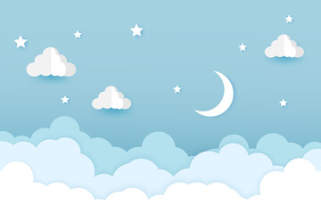  night sky with stars and moon. paper art style. Dreamy background with moon stars and clouds, abstract fantasy background. Half moon, stars and clouds on the dark night sky background.