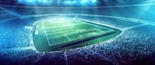 Full Stadium And Neoned Colorful Flashlights Background. Empty Area For Championships, Your Ad, Design. 3D Render