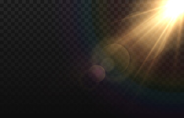 Wall Mural - Vector golden light with glare. Sun, sun rays, dawn, glare from the sun png. Gold flare png, glare from flare png.