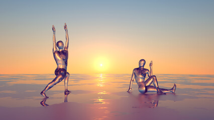 Wall Mural - 3d illustration morning yoga class on the beach