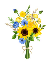 Wall Mural - Vector rustic bouquet of blue and yellow sunflowers, cornflowers, dandelions, ears of wheat, and green leaves isolated on a white background