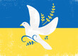 The Ukraine flag with a dove and ferns in a cut paper style with textures
