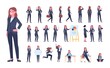 © VectorBum - Business woman character poses. Working female clerk. Formal wear. Different office situations. Businesswoman walks and talks with colleague. Activities or gestures. Vector positions set