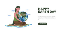 Mother Woman Female Character With Green Hair Holding And Hugging Earth Globe Planet For Prevent Concept For Happy Earth Or Environmental Day