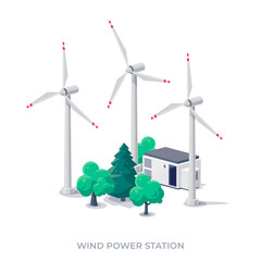 Wall Mural - Wind turbines power plant station building factory icon. Renewable sustainable wind park energy generation. Isolated vector illustration of windmill farm on white background.