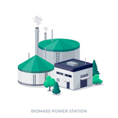 Biomass power plant station. Biofuel factory energy generation producing electricity or heat. Grown organic material energy generator. Isolated vector illustration on white background.