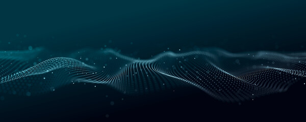 Poster - futuristic blue wave with intertwined lines and dots. lots of data. musical flow of sounds. 3d rende