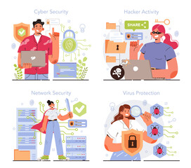 Poster - cyber or web security specialist set. digital data protection and database