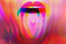 Woman With Psychoactive Drug Pills On Her Tongue Having Psychedelic Trip With Hallucinations