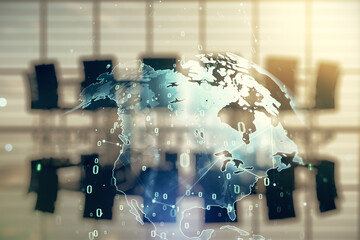 Aufkleber - Abstract virtual coding concept and world map hologram on a modern conference room background. Multiexposure
