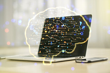 Poster - Double exposure of creative artificial Intelligence symbol with modern laptop on background. Neural networks and machine learning concept