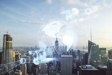 Aufkleber - Abstract virtual robotics technology hologram with globe sketch on New York city skyline background. Robot development and automation concept. Multiexposure