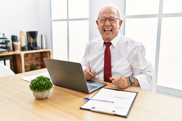 Wall Mural - Senior man working at the office using computer laptop angry and mad screaming frustrated and furious, shouting with anger. rage and aggressive concept.