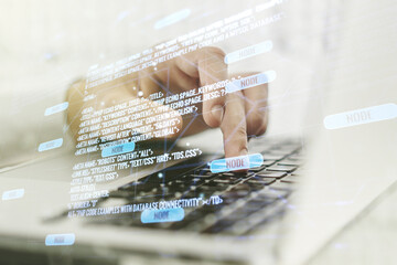 Poster - Double exposure of abstract programming language hologram with hands typing on laptop on background, research and development concept