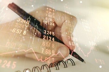 Aufkleber - Double exposure of abstract creative statistics data hologram with man hand writing in notepad on background, analytics and forecasting concept