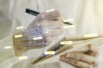 Poster - Multi exposure of abstract creative coding sketch and man hand writing in notebook on background, artificial intelligence and neural networks concept