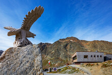 Austria, Tyrol, Eagle sculpture at Timmelsjoch pass in Otztal Alps