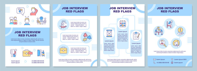 Job interview red flags blue brochure template. Show professionalism. Leaflet design with linear icons. 4 vector layouts for presentation, annual reports. Arial-Black, Myriad Pro-Regular fonts used