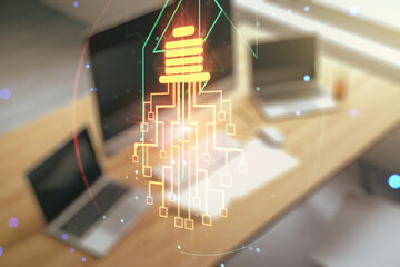 Aufkleber - Creative idea concept with light bulb and microcircuit illustration and modern desktop with computer on background. Neural networks and machine learning concept. Multiexposure