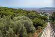 The funicular railroad track among the woods of Mount Tibidabo in Barcelona, Spain. 
Cityscape during the daytime.