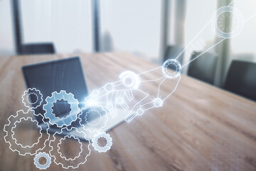 Aufkleber - Double exposure of robotics technology hologram on laptop background. Research and development software concept