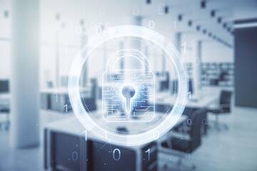 Poster - Virtual creative lock symbol and microcircuit illustration on a modern furnished office background. Protection and firewall concept. Multiexposure