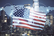 © Pixels Hunter - Double exposure of abstract digital world map hologram with connections on USA flag and blurry cityscape background, research and strategy concept