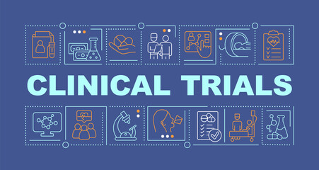 Clinical studies word concepts dark blue banner. Medical research program. Infographics with icons on color background. Isolated typography. Vector illustration with text. Arial-Black font used