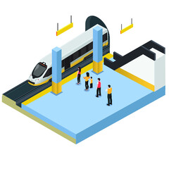 Wall Mural - Commuter queue getting into a train isometric 3d vector concept for banner, website, illustration, landing page, flyer, etc.