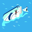 Businessman in a sinking ship being shape by another businessman on a paper plane isometric 3d vector concept for banner, website, illustration, landing page, flyer, etc.
