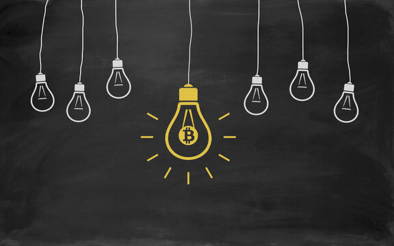 Bitcoin Symbol Bulb Concept Drawing with Chalk on Blackboard