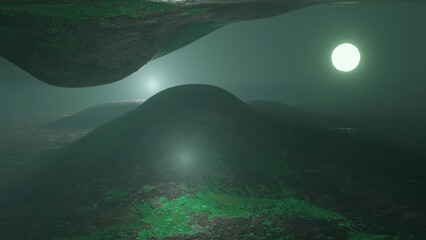 Wall Mural - 3d illustration - Sci-fi landscape digital background. Magician view on land with colorful moon