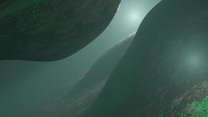 Wall Mural - 3d illustration - Sci-fi landscape digital background. Magician view on land with colorful moon