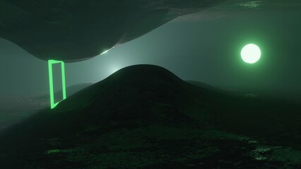 Wall Mural - 3d illustration - Sci-fi landscape digital background. Magician view on land with colorful moon
