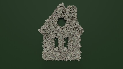 Wall Mural - 3d rendering of dollar cash rolls and stacks in shape of symbol of house on green background