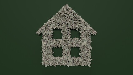 Wall Mural - 3d rendering of dollar cash rolls and stacks in shape of symbol of home on green background