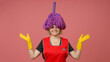 crazy smiling maid in apron and gloves with mop on her head