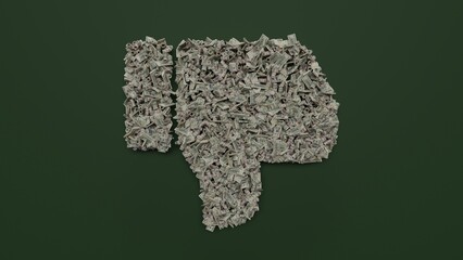 Wall Mural - 3d rendering of dollar cash rolls and stacks in shape of symbol of social dislike on green background