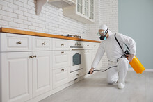 Pest Control Home Service Guy Fighting Parasites In The House. Exterminator In Mask, Goggles And PPE Suit Spraying Poisonous Gas Or Liquid From Sprayer Bottle On Floor And Cupboard In Kitchen Interior