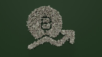 Poster - 3d rendering of dollar cash rolls and stacks in shape of symbol of bitcoin trend on green background