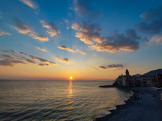 Wall Mural - camogli church at sunset pictoresque village